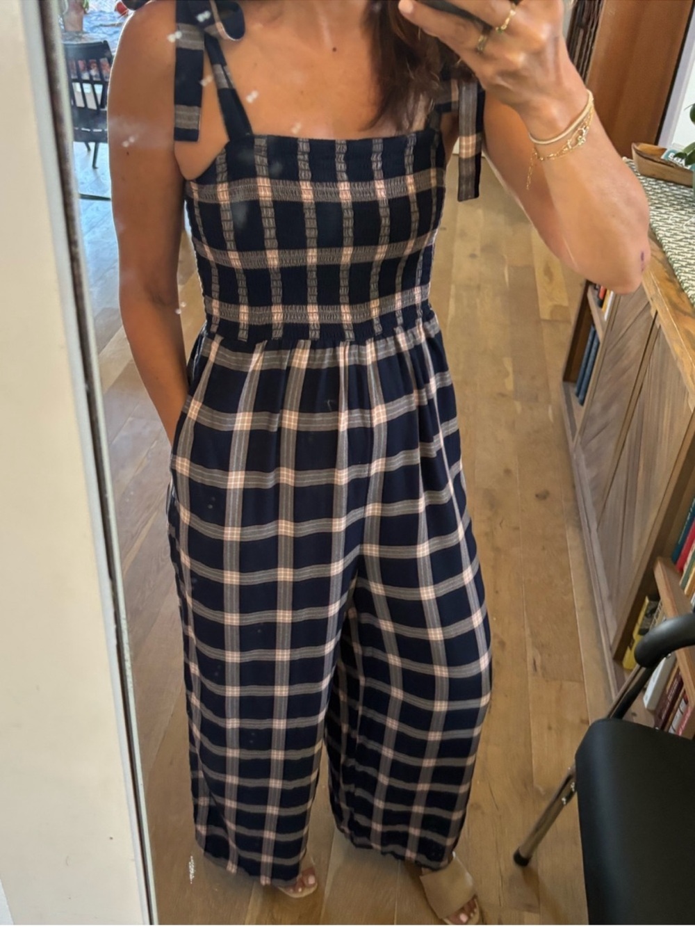American Eagle Outfitters Navy Plaid Smocked Jumpsuit with Tie Shoulders